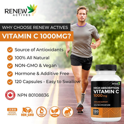 RENEW ACTIVES Maximum Strength Vitamin C 1000mg per Capsule – Antioxidant & Immune Support – Non-GMO, Sugar-Free – 120 Capsules