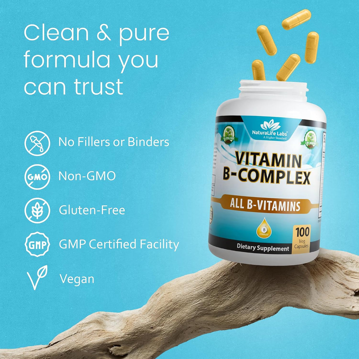 NaturaLife Labs Vitamin B Complex – Active B Vitamins (B2, B6, B9, B12) plus Vitamin C – 100 Capsules - görsel 6