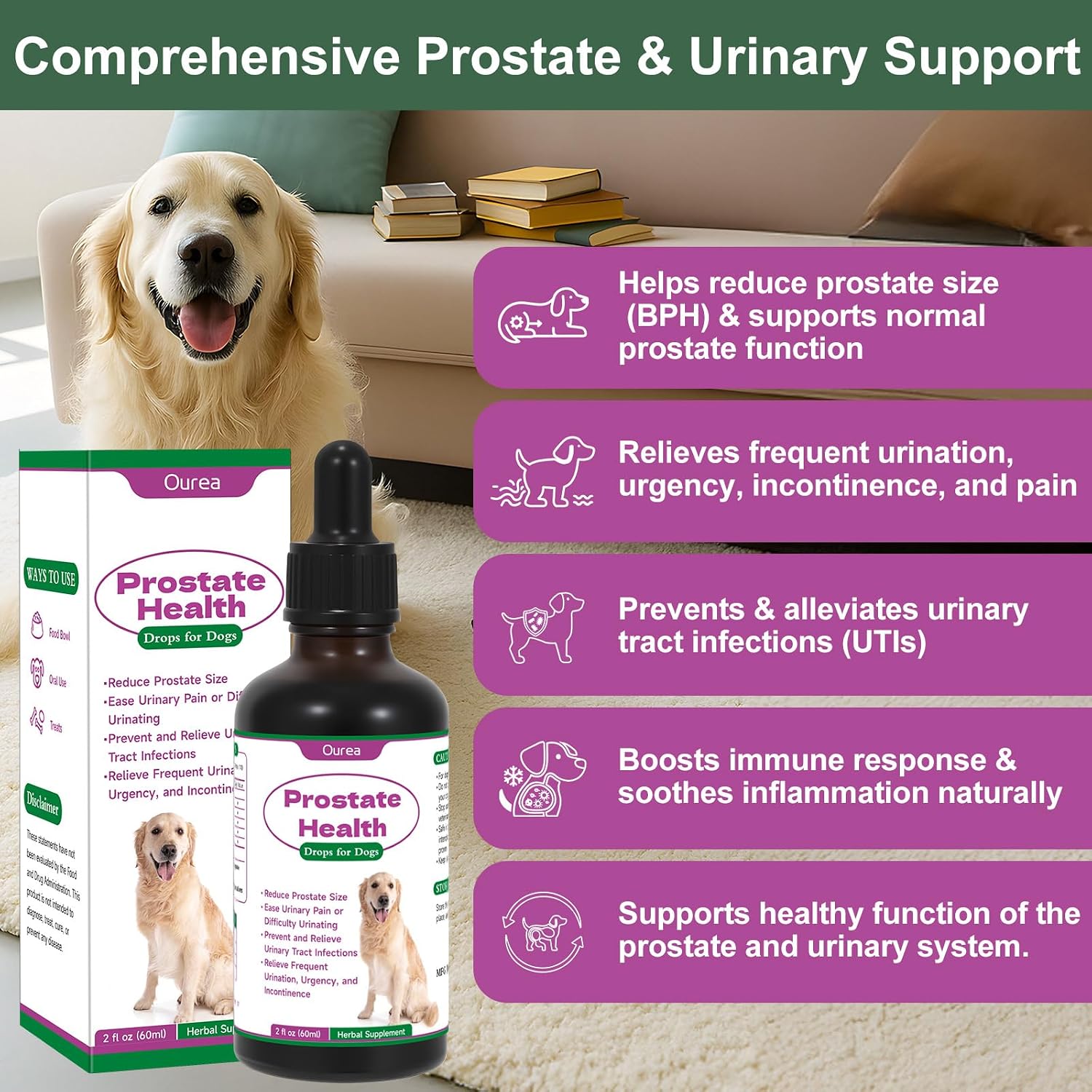 Ourea Prostate Health Drops for Dogs – Herbal Liquid Supplement for Urinary and Prostate Support - görsel 2