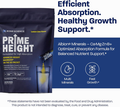 BONE SCIENCE Height Multivitamin Powder for Kids & Teens – Sugar-Free Peach – 30 Sticks