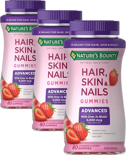 Nature's Bounty Optimal Solutions Advanced Hair, Skin & Nails, 2X Biotin, 80 Strawberry Gummies, 40 Servings