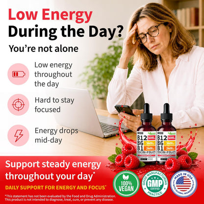 NUSAVA (2 Pack) Vitamin B12 Liquid Drops with B6, B1, Niacin & Folate — B12 Sublingual Vitamin B Complex, Methylcobalamin 5000 mcg, for Energy, Brain & Heart Support, Raspberry Flavour, 80 Servings