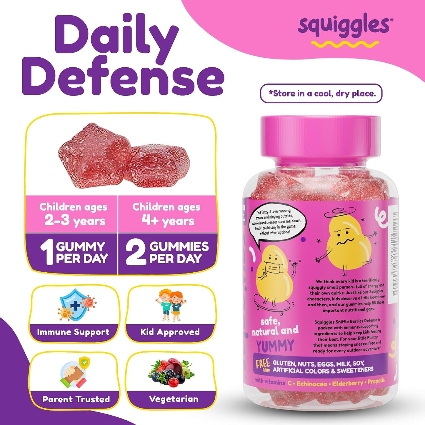 Squiggles Sniffle Berries Elderberry Gummies with Bee Propolis & Echinacea (100 Count) - görsel 3