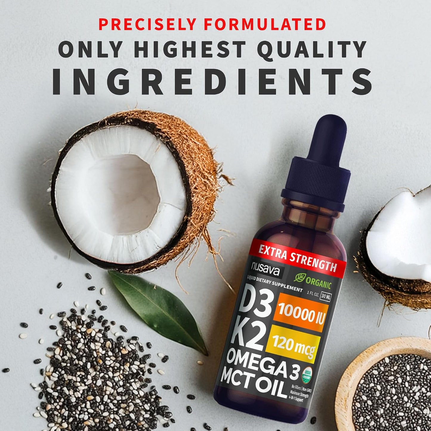 Extra Strength Organic Vitamin D3 K2 Drops with MCT Oil & Omega-3, 10000 IU - 2-Pack (2 fl oz, 60 Servings) - görsel 7