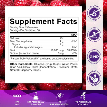 Vitamatic Biotin Gummies 10,000 mcg for Stronger Hair, Skin & Nails - 60 Vegan Gummies (Pack of 2)