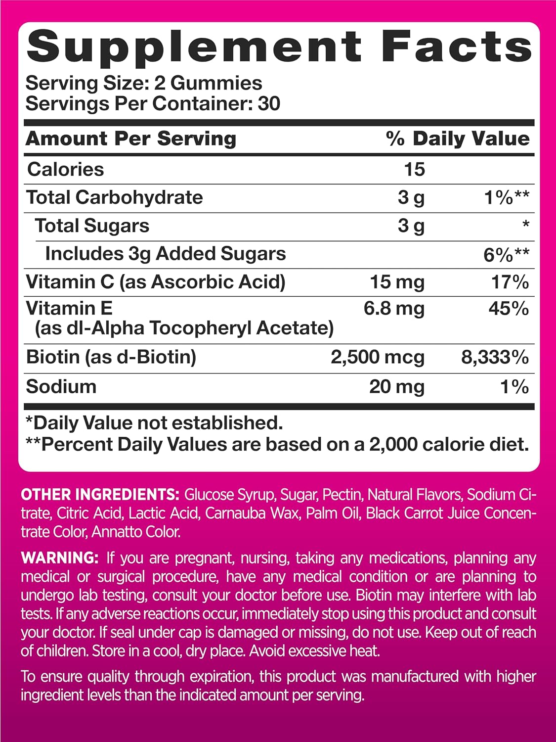 PINK Hair Skin Nails Gummies | 2,500 mcg Biotin | 60 Count | Non-GMO & Gluten-free Vitamins for Women | Strawberry Flavour - görsel 2