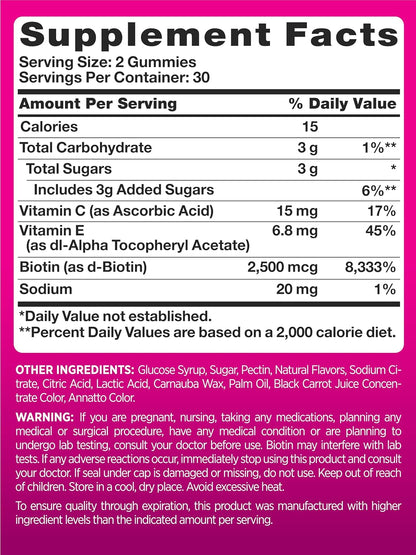 PINK Hair Skin Nails Gummies | 2,500 mcg Biotin | 60 Count | Non-GMO & Gluten-free Vitamins for Women | Strawberry Flavour