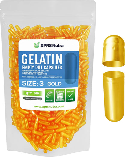 XPRS Nutra Size 3 Empty Gelatine Capsules - 500 Capsules - DIY Capsule Filling - Pure Bovine Gelatine Capsules (Gold)