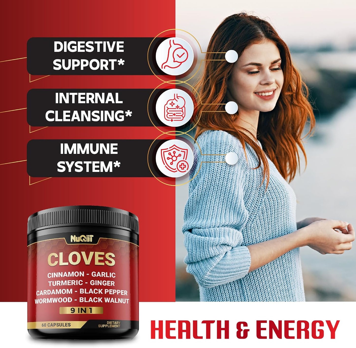 9in1 Clove Supplement Rich in Vitamins & Minerals for Digestive, Immune System, Bone & Heart Health with Cinnamon, Turmeric, Ginger, Cardamom, Garlic, Wormwood, Black Walnut - 60 Capsules - 30 Days - görsel 4