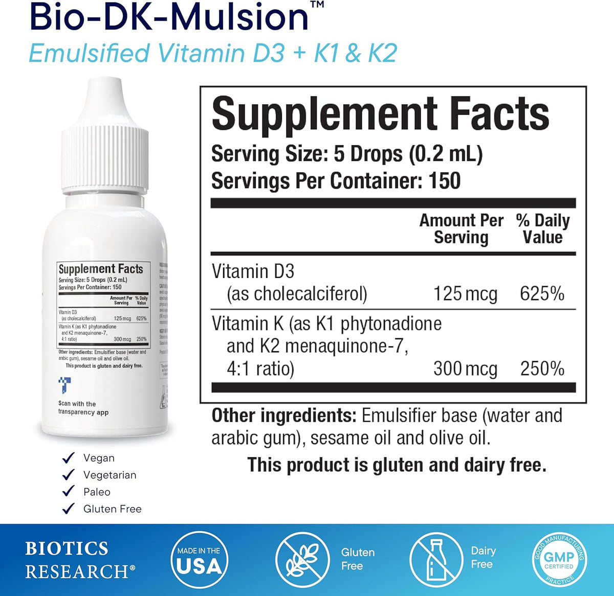 BIOTICS RESEARCH Bio-DK-Mulsion™ – Emulsified Liquid Vitamin D and K: D3 125 mcg & Vitamin K (K1, K2) 300 mcg MK-7 – Contributes to Normal Bones, Muscle Function, and Immune Support, 30 ml - görsel 2