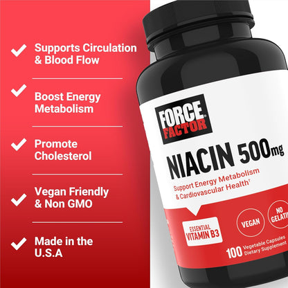 Force Factor Niacin 500mg – Vitamin B3 Supplement for Energy & Circulation Support