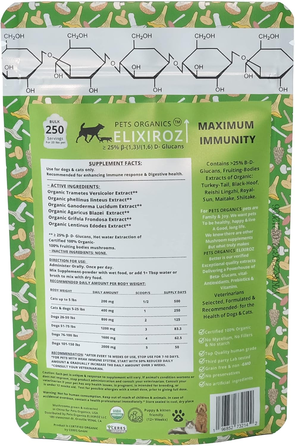 Mushroom Complex for Dogs and Cats – 25%+ Beta Glucans – Fruiting Body Extract Blend (Turkey Tail, Reishi, Maitake, Shiitake) – Immune and Gut Support – No Mycelium, No Fillers – 250 Servings - görsel 4