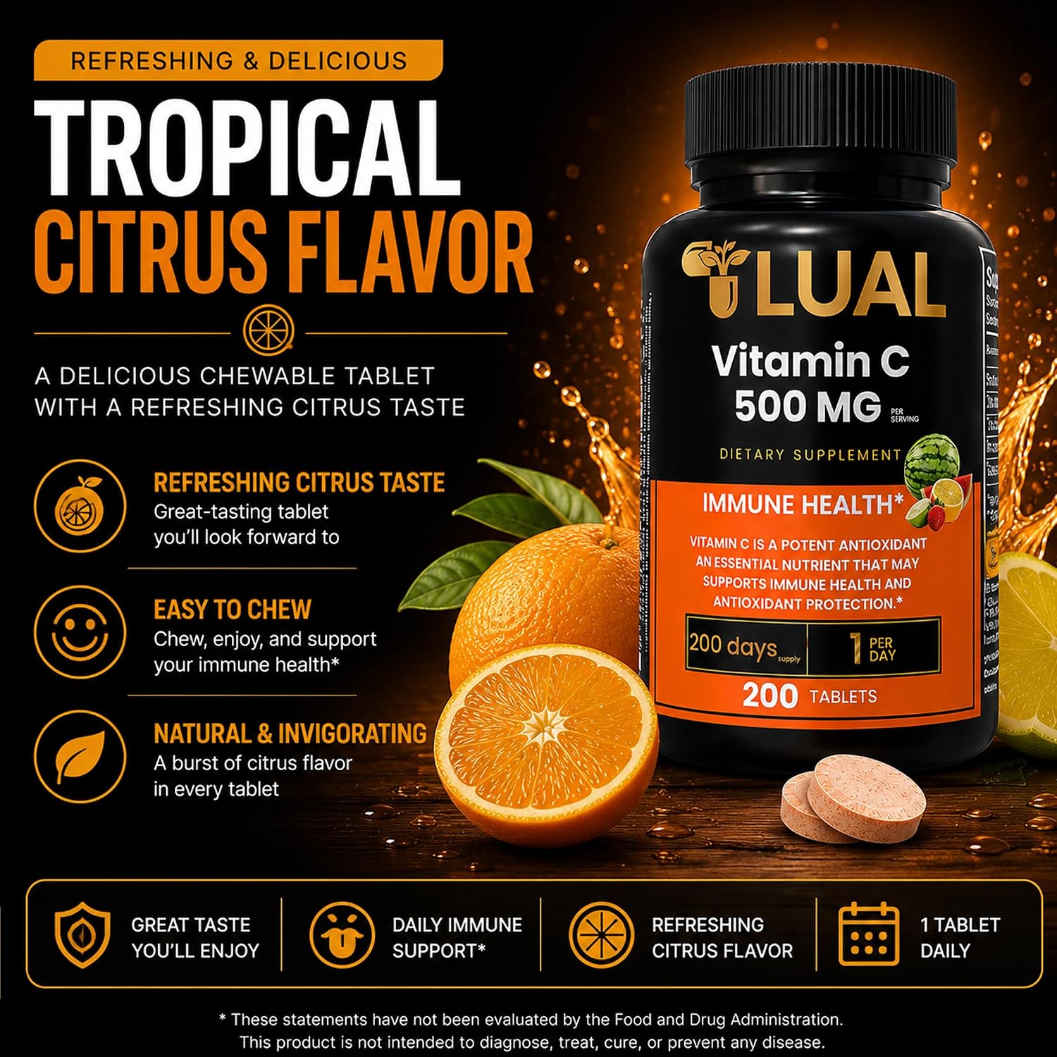LUAL Vitamin C 500mg Chewable Tablets, Tropical Fruit Flavour, Immune Support & Antioxidant Supplement, Gluten-free, 200 Count - görsel 5