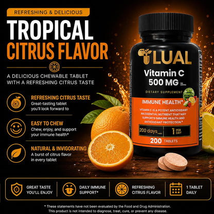 LUAL Vitamin C 500mg Chewable Tablets, Tropical Fruit Flavour, Immune Support & Antioxidant Supplement, Gluten-free, 200 Count