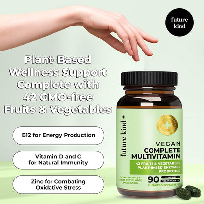 Future Kind Vegan Multivitamins Complete - 42-in-1 Multivitamin for Women and Men with Enzymes, B12, Zinc, and Probiotics (90 Tablets)