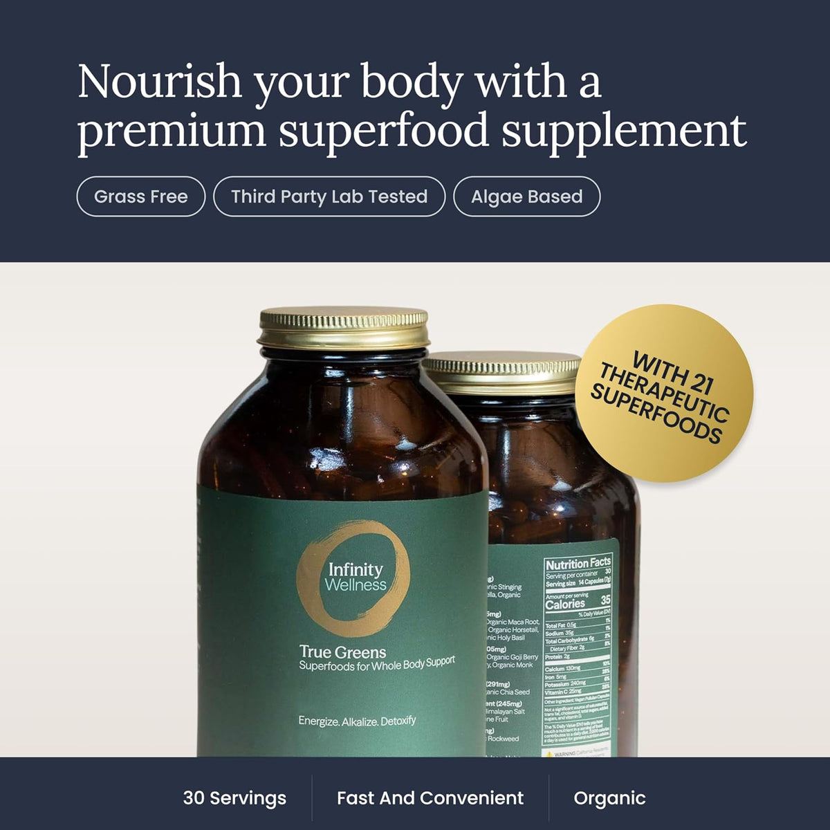 Infinity Greens Superfood Capsules - Blue-Green Algae Based with 28 Organic Superfoods, No Fillers or Grasses, Low-Temperature Dehydrated (34 Servings) - görsel 5