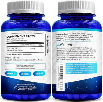 Policosanol 25mg - 180 Capsules - Natural Sugar Cane Supplement - Non-GMO & Gluten-Free
