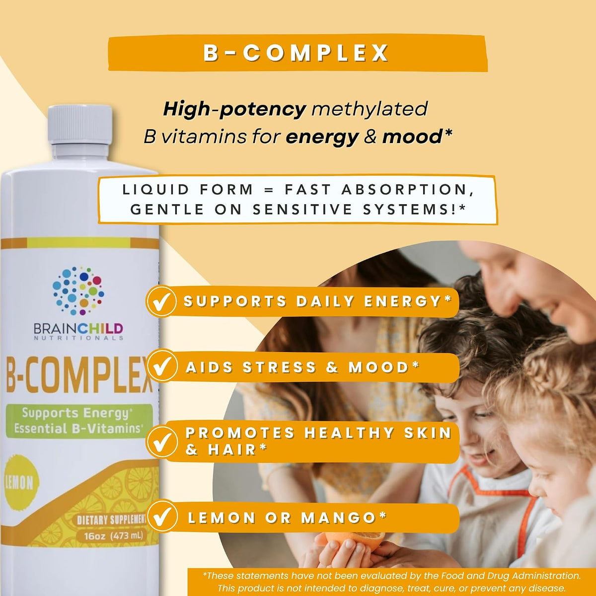BrainChild B-Complex Liquid – Methylated B Vitamins for Energy, Stress & Mood – 473 ml (Lemon) - görsel 2