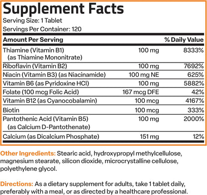 Bronson Super B100 Vitamin B Complex Slow-Release Tablets – All Eight B Vitamins (B1, B2, B3, B5, B6, B7, B9, B12), 120 Tablets