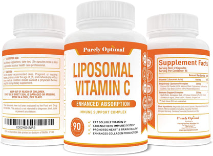 Purely Optimal Premium Liposomal Vitamin C Supplement – High Absorption, Fat Soluble Ascorbic Acid 1000mg for Immune Support, Non-GM, 90 Capsules