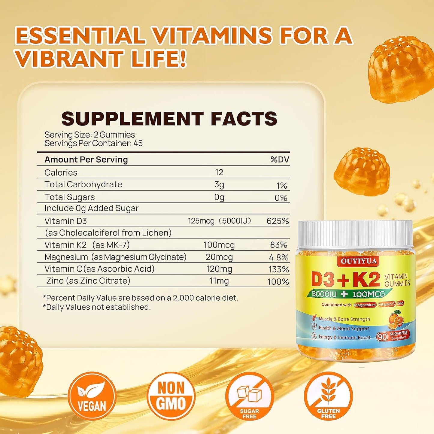 OUYIYUA Vitamin D3 K2 Gummies - 5000 IU D3 + 100 mcg K2 (MK-7), 90 Count - görsel 2