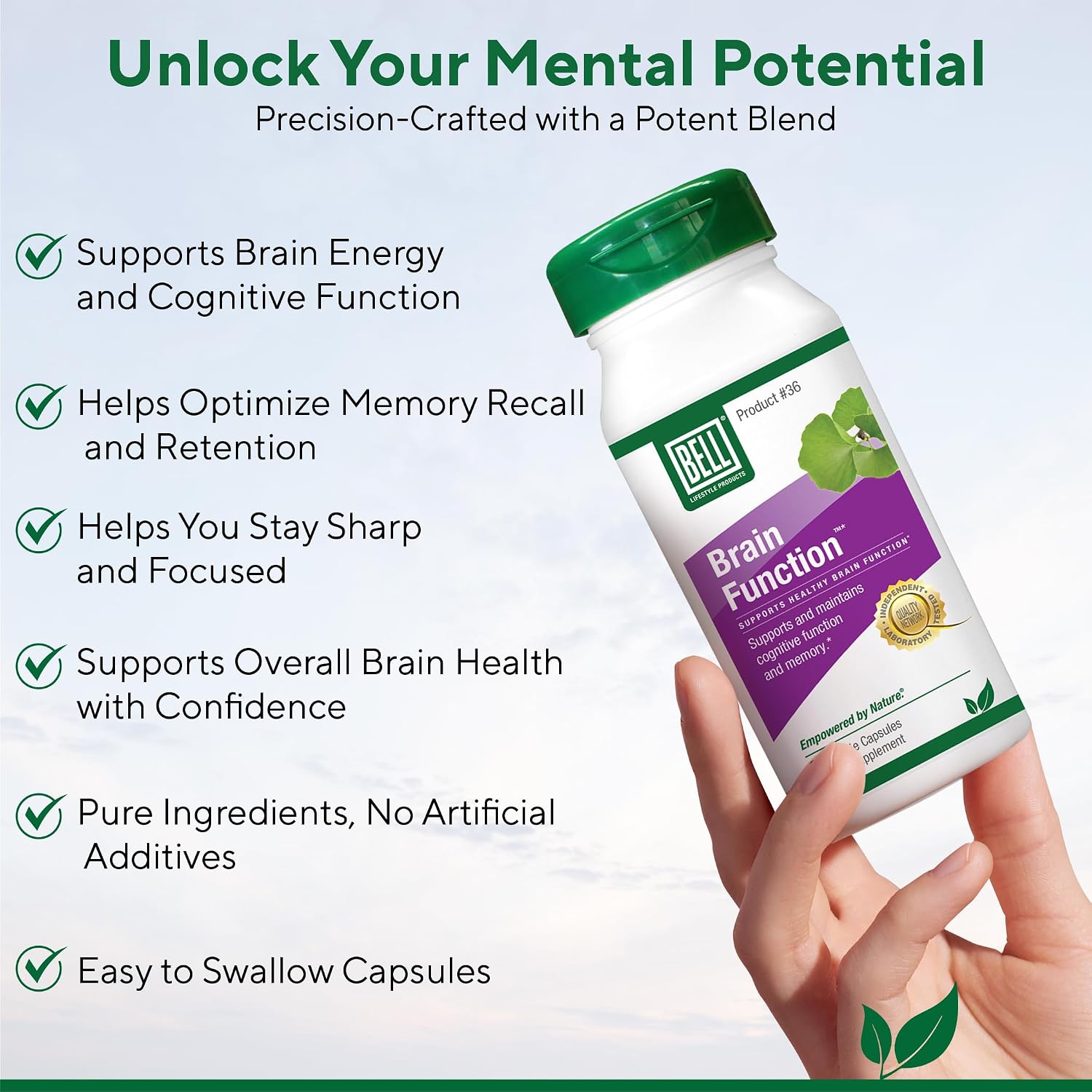 Bell Brain Function Lifestyle – Cognitive Health Support with Ginkgo, Vitamin B12, Folate (60 Vegetarian Capsules) - görsel 6