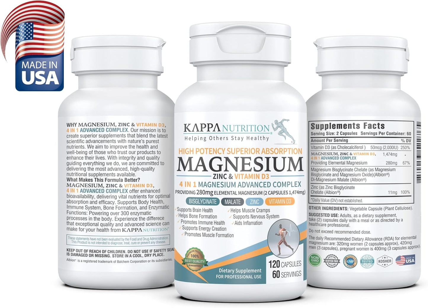 Kappa Nutrition Magnesium 4-in-1 – 280mg Elemental Magnesium (Bisglycinate & Malate) + Zinc & Vitamin D3 – 120 Vegan Capsules - görsel 2