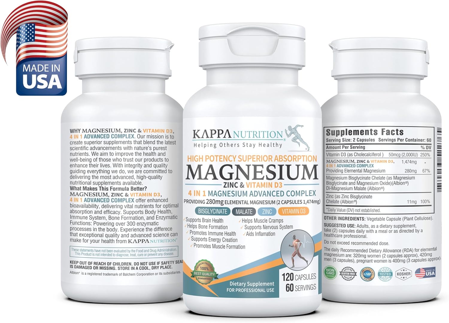 Kappa Nutrition Magnesium 4-in-1 – 280mg Elemental Magnesium (Bisglycinate & Malate) + Zinc & Vitamin D3 – 120 Vegan Capsules - görsel 2