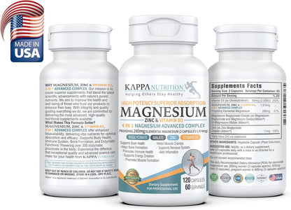 Kappa Nutrition Magnesium 4-in-1 – 280mg Elemental Magnesium (Bisglycinate & Malate) + Zinc & Vitamin D3 – 120 Vegan Capsules