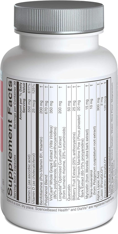DiaVis – Retinal & Nerve Health Supplement – with Benfotiamine, Curcumin, Resveratrol & Grape Extract – 60 Capsules