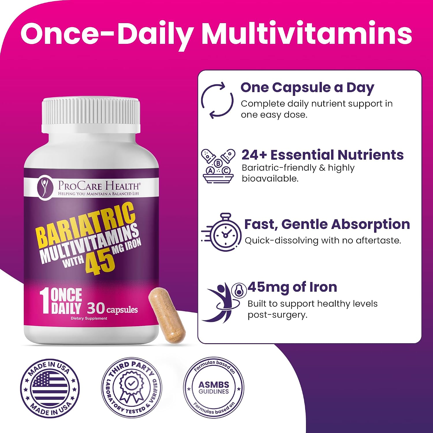 ProCare Health Bariatric Multivitamin with 45mg Iron – Once Daily Post-Surgery Support (30 Capsules) - görsel 6