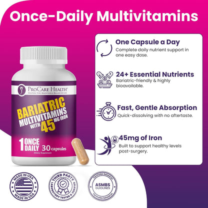 ProCare Health Bariatric Multivitamin with 45mg Iron – Once Daily Post-Surgery Support (30 Capsules)