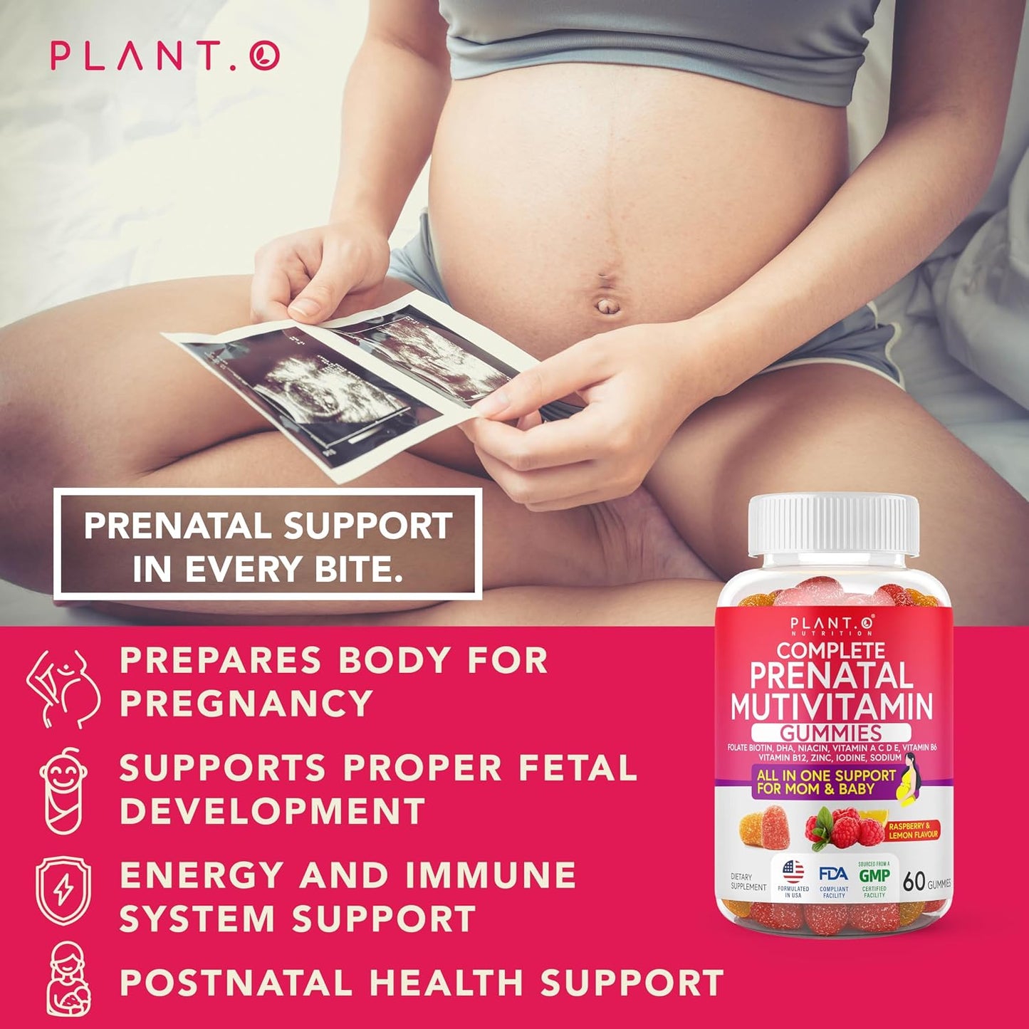 PLANT.O NUTRITION Prenatal Gummies for Women with DHA, Folate, Vitamin B C D – Delicious Multivitamin Blend for Foetal and Neural Support, Bones, Energy & Immunity During Pregnancy - görsel 4