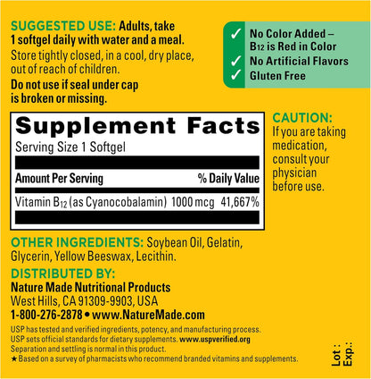 Nature Made Vitamin B12 1000 mcg Softgels, 150 Count