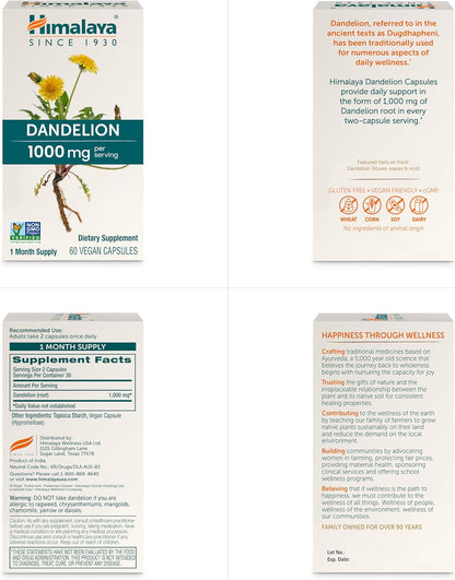 Himalaya Dandelion Root Supplement - 1000 mg, 60 Capsules - Vegan & Gluten-free