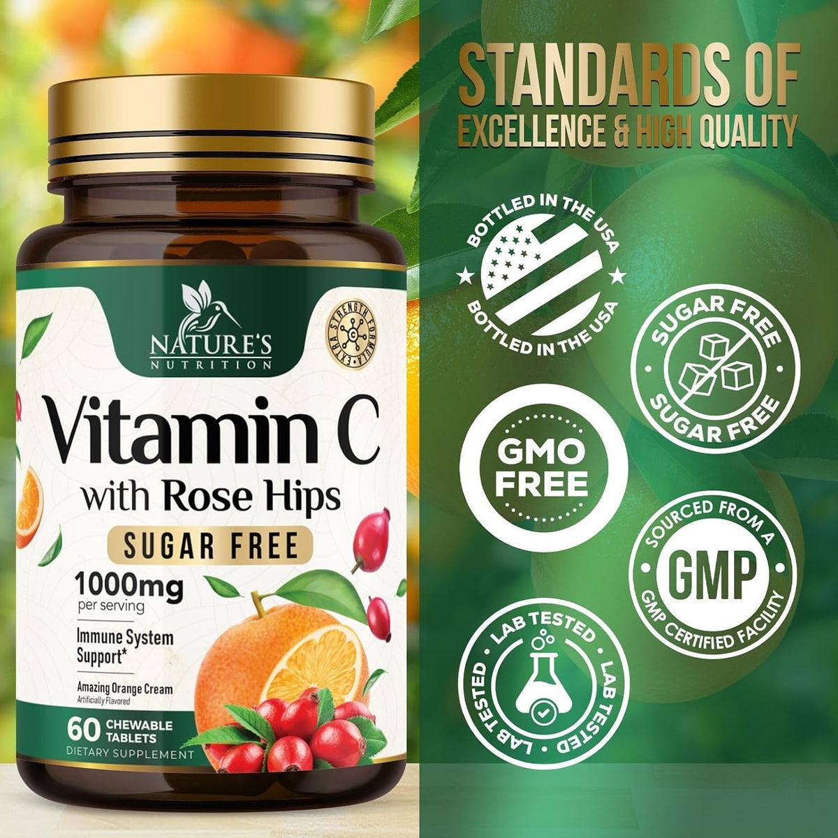Nature's Nutrition Vitamin C 1000mg Chewable with Rose Hips – Sugar Free – 60 Tablets - görsel 4