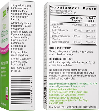 Igennus Triple Vitamin B12 Complex 5000mcg, Liquid Sublingual Spray, 45 Servings, Natural Cherry Flavour, Vegan