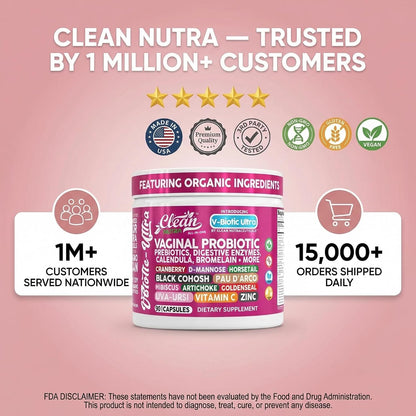 Clean Nutra Vaginal Probiotics for Women with Prebiotics, Digestive Enzymes and Cranberry - 90 Vegan Capsules