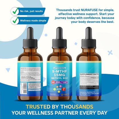 Liposomal 5-MTHF 15mg & Methyl B12 Liquid Drops – 96mg per Serving, Ultra Potent, Raspberry Flavour – 60ml