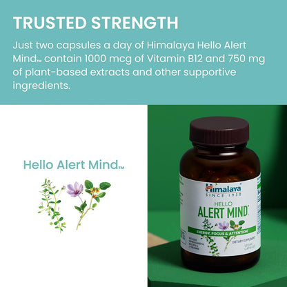 Himalaya Hello Alert Mind - Brain Support with L-Theanine, Ashwagandha, Bacopa, Vitamin B6 & B12, 60 Capsules