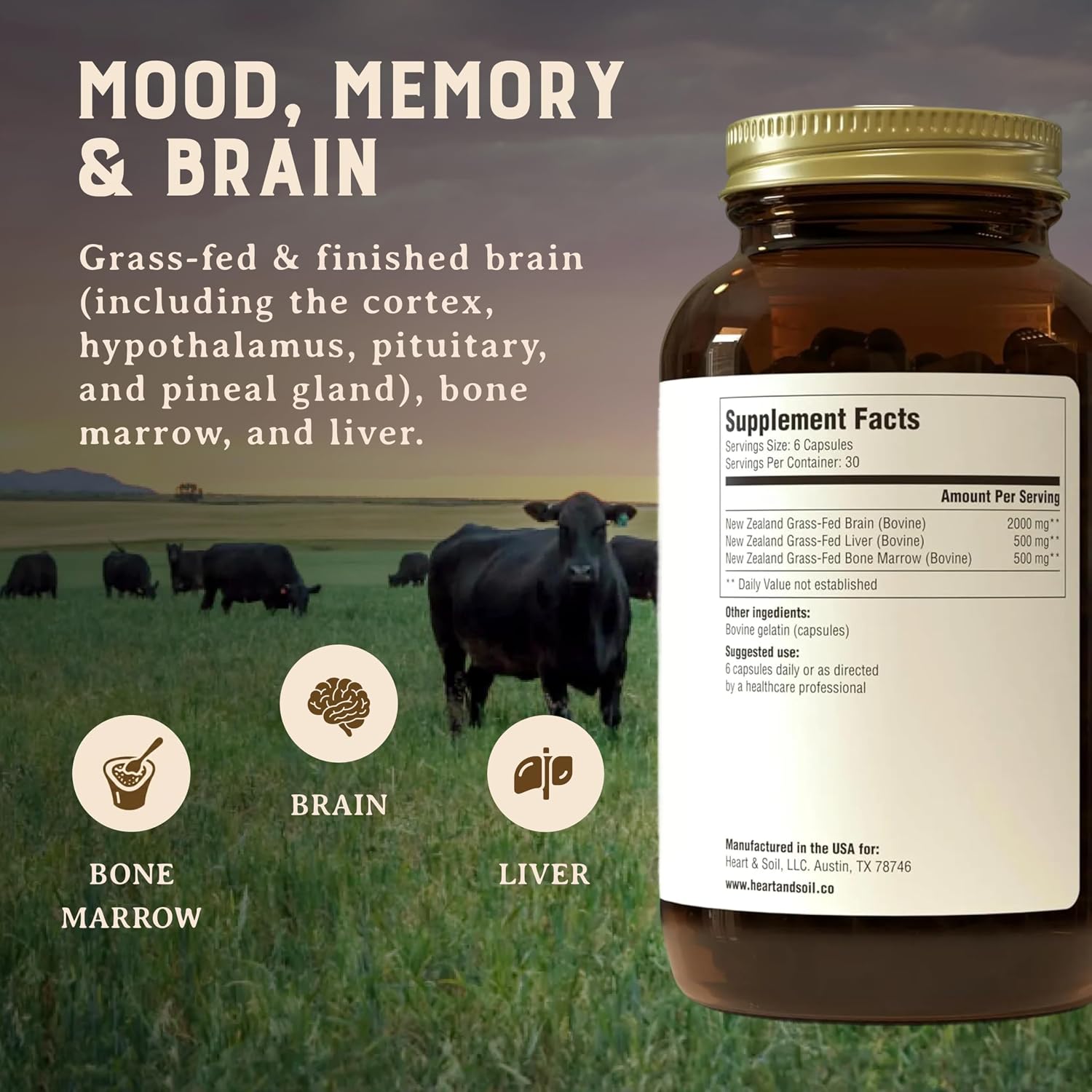 Heart & Soil Grass Fed Beef Brain Supplement – 3000mg, 180 Capsules - görsel 8