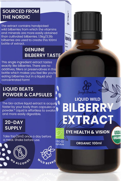 Wild Bilberry Extract USDA Organic Alcohol-Free Liquid - Eye Health Support, 2-Pack