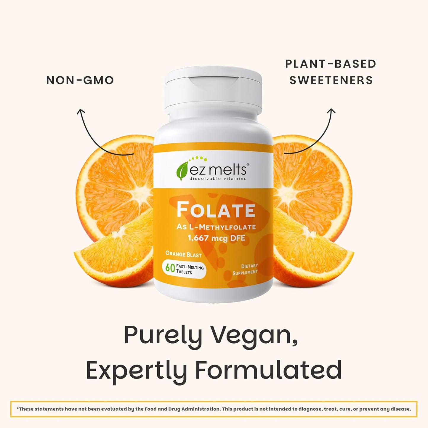 EZ Melts Dissolvable Folate - Methylated Folate Food Supplement - Orange Blast - 60 Tablets (1,667 mcg DFE) - görsel 6