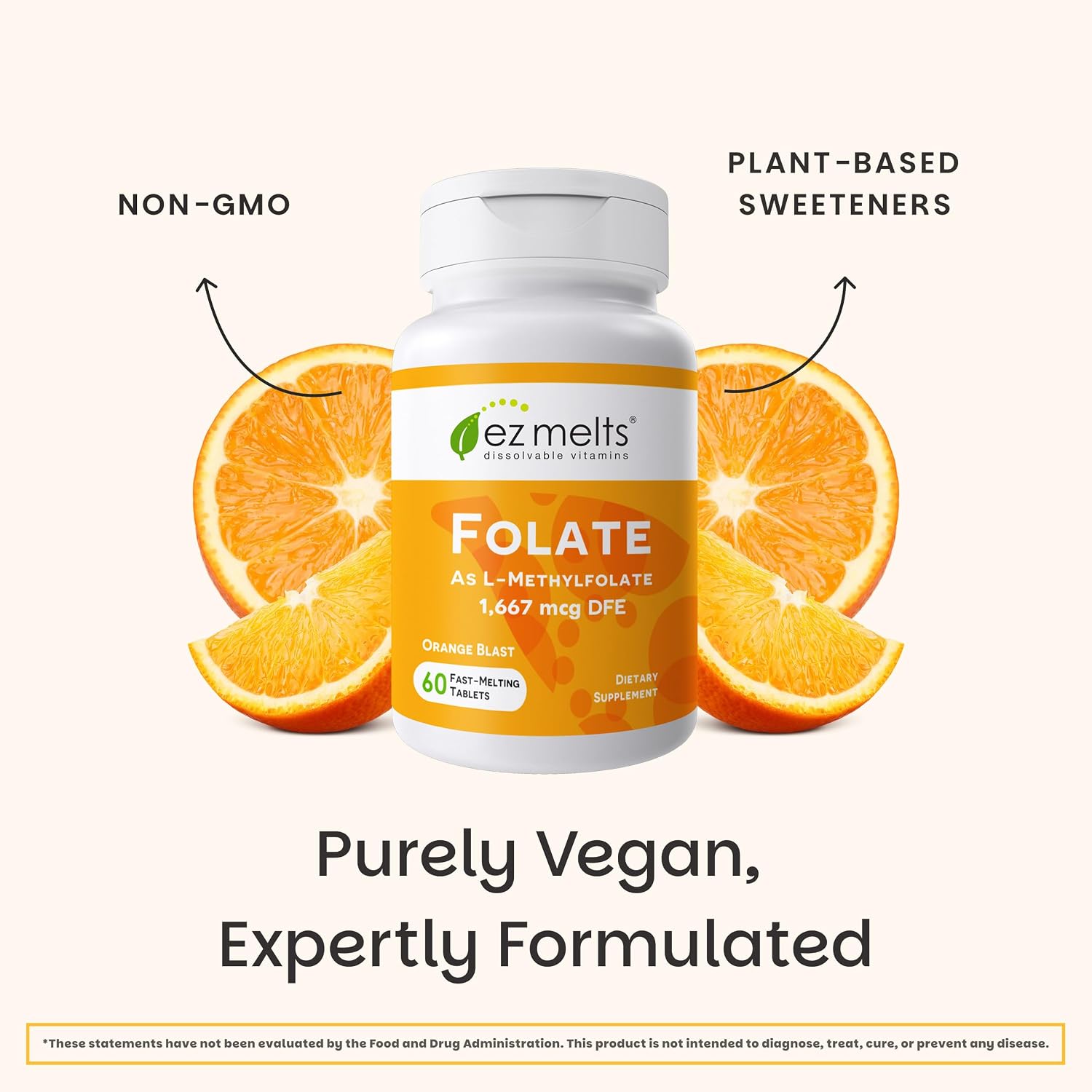 EZ Melts Dissolvable Folate - Methylated Folate Food Supplement - Orange Blast - 60 Tablets (1,667 mcg DFE) - görsel 6