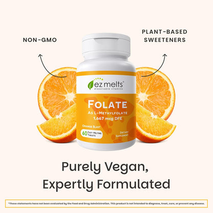 EZ Melts Dissolvable Folate - Methylated Folate Food Supplement - Orange Blast - 60 Tablets (1,667 mcg DFE)