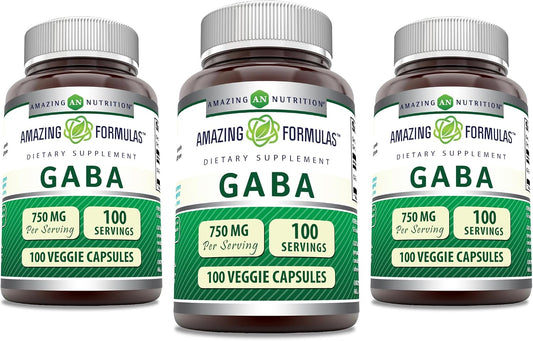 Amazing Formulae GABA 750mg Veggie Capsules Supplement - Non-GMO, Gluten-free, 3 Pack (300 Capsules)