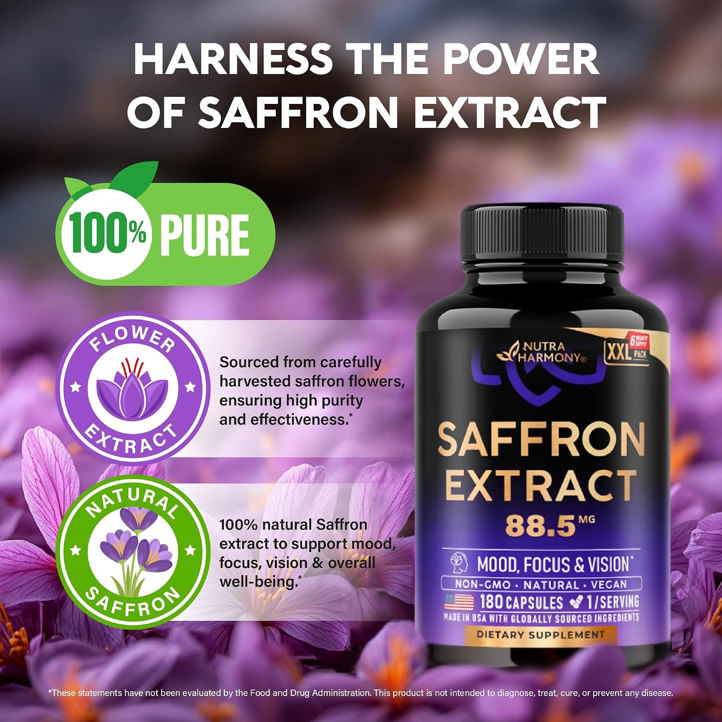 Natural Saffron Supplements - Pure Saffron Extract 88.5 mg - Mood, Focus, Vision and Energy Support for Women and Men - Non-GMO Vegan Capsules - 180 Powder Capsules, 6-Month Supply - görsel 4