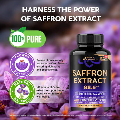 Natural Saffron Supplements - Pure Saffron Extract 88.5 mg - Mood, Focus, Vision and Energy Support for Women and Men - Non-GMO Vegan Capsules - 180 Powder Capsules, 6-Month Supply