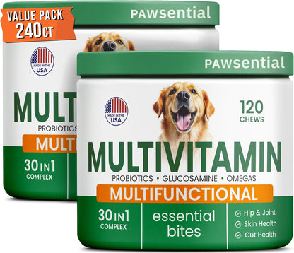Dog Vitamins + Glucosamine - Chewable Multivitamins + Probiotics, Omega - Hip & Joint Support, Skin & Coat, Gut Health - Adult & Senior - Large & Small Breed - 120 Chews