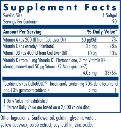 Allergy Research Group Full Spectrum Vitamin K: K1, MK-4, MK-7 with A, C and D3 – 90 Softgels